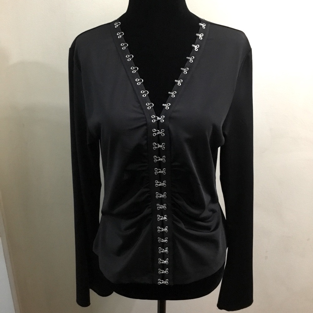 Venus silver tone metal hook and eye front long sleeve shirt top